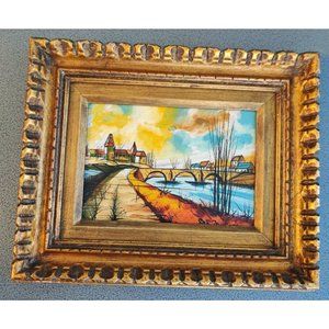 Vtg Suburban Road To The City Landscape Framed Oil Painting On Canvas?  Signed